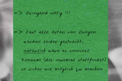 Notizzettel mit dem Titel "11. Drug Checking flächendeckend für alle gängigen Substanzen etablieren" und der Handschrift: Dringend nötig !!! Fast alle Arten von Drogen werden leider gestreckt, natürlich wäre es sinnvoll Konsum (der nunmal stattfindet) so sicher wie möglich zu machen