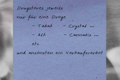 Notizzettel mit dem Titel "5. Konsumorte und konsumfreie Orte in der Öffentlichkeit" und der Handschrift: "Drugstores jeweils nur für eine Droge. Tabak, Cannabis, Alk, Crystal, ... und ansonsten ein Verkaufsverbot"