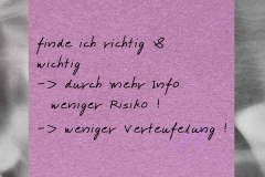Notizzettel mit dem Titel "9. Harm Reduction und Safer-Use Angebote flächendeckend, zielgruppenspezifisch ausbauen" und der Handschrift: Stimme ich komplett zu (Begründung: siehe Wissenschaft)