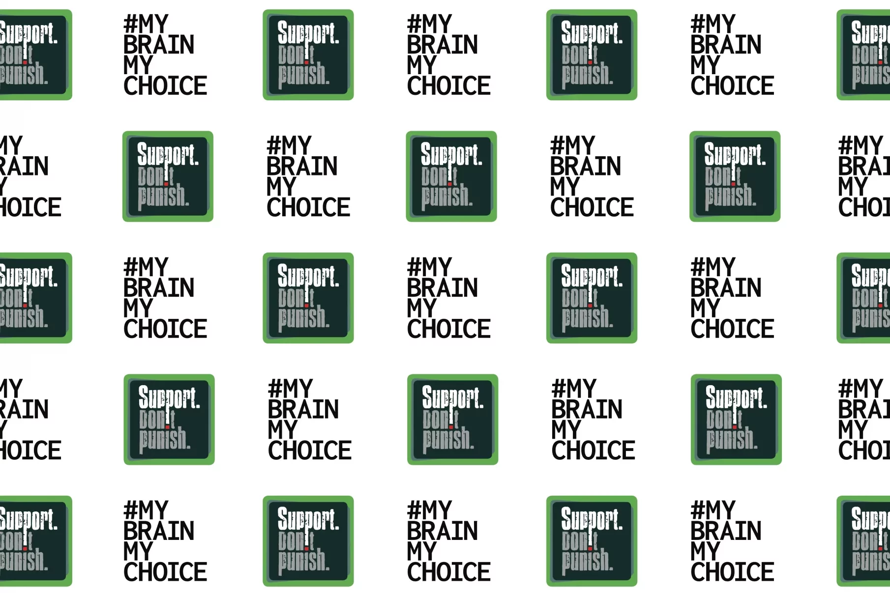Graphik mit beiden Logos wiederholt im Raster: Support Dont Punish und My Brain My Choice