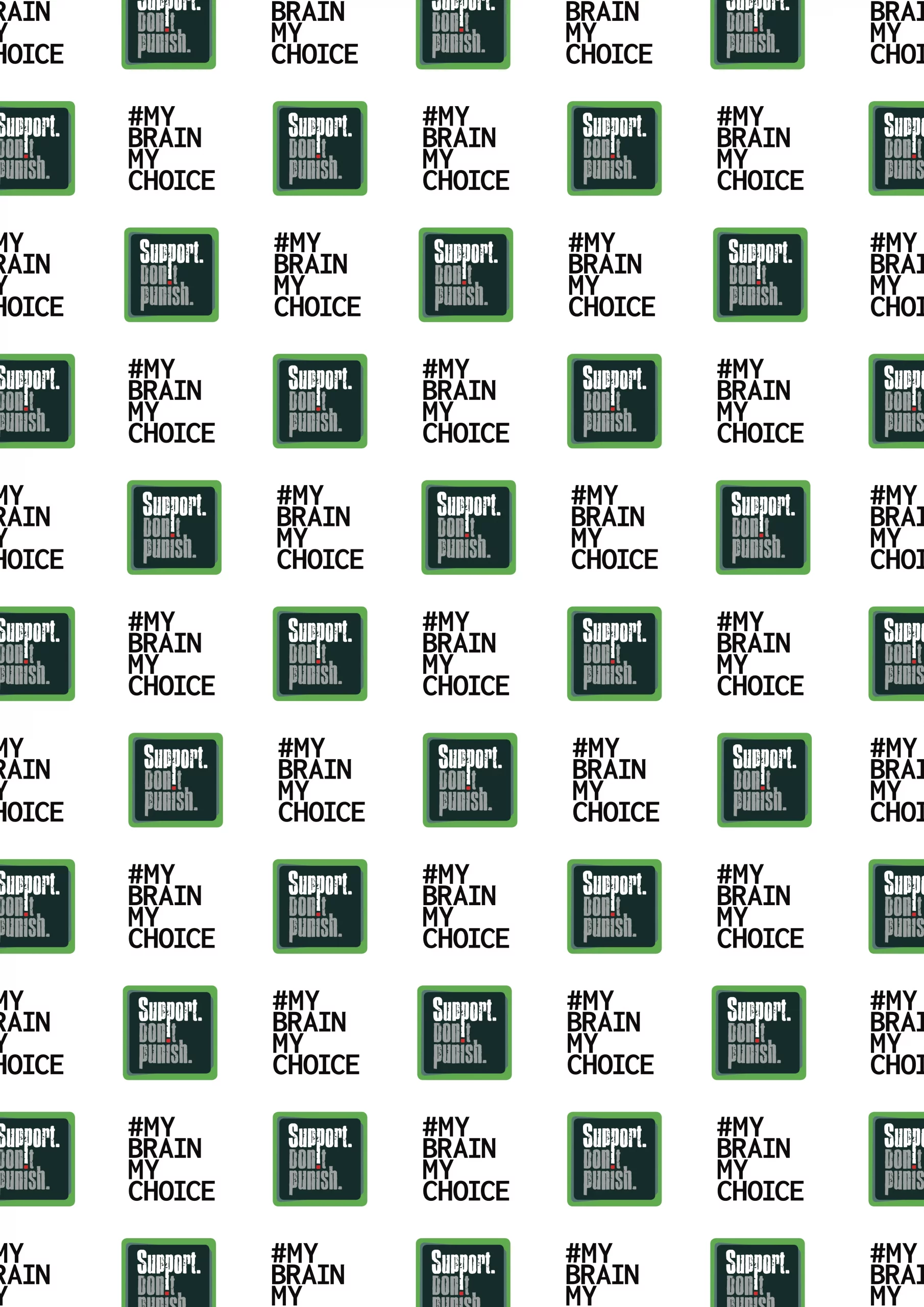 Graphik mit beiden Logos wiederholt im Raster: Support Dont Punish und My Brain My Choice
