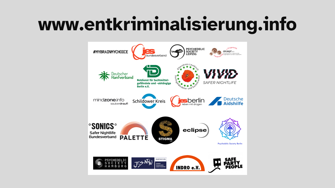 Link zur Kampagnenseite www.entkriminalisierung.info und übersicht der Logo der unterzeichnenden Organisationen. Dies textbasierte Übersicht der Unterzeichner*innen findet sich unter dem Link.