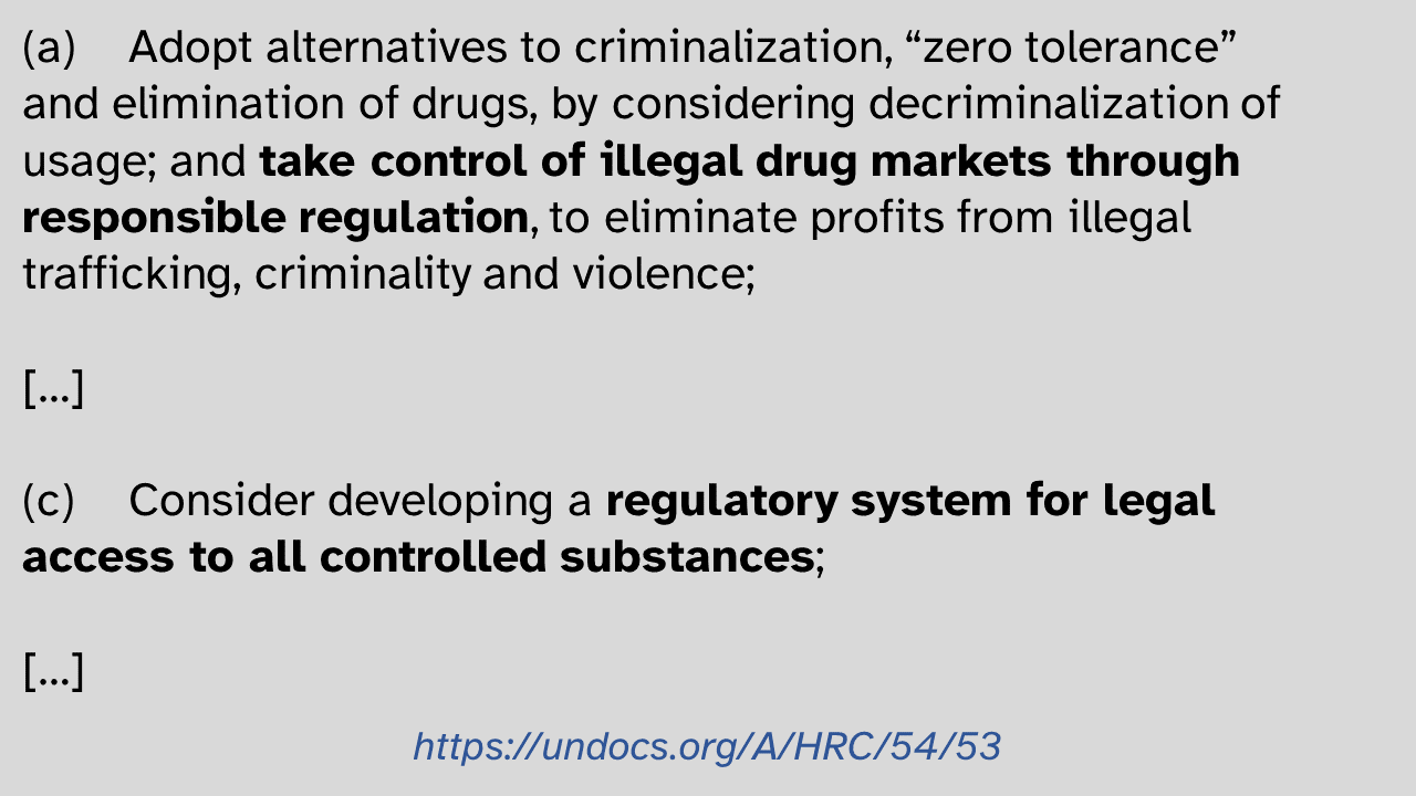 Schwarze Schrift auf hellgrauem Hintergrund: (a) Adopt alternatives to criminalization, "zero tolernace" and elimination of drugs, by considering decriminalization of usage; and take control of illegal drug markets through responsible regulation, to eliminate profits from illegal trafficking, criminalit and violence; [...] (c) Consider developing a regulatory system for legal access to all controlled substances; [...] Quelle: https://undocs.org/A/HRC/54/53