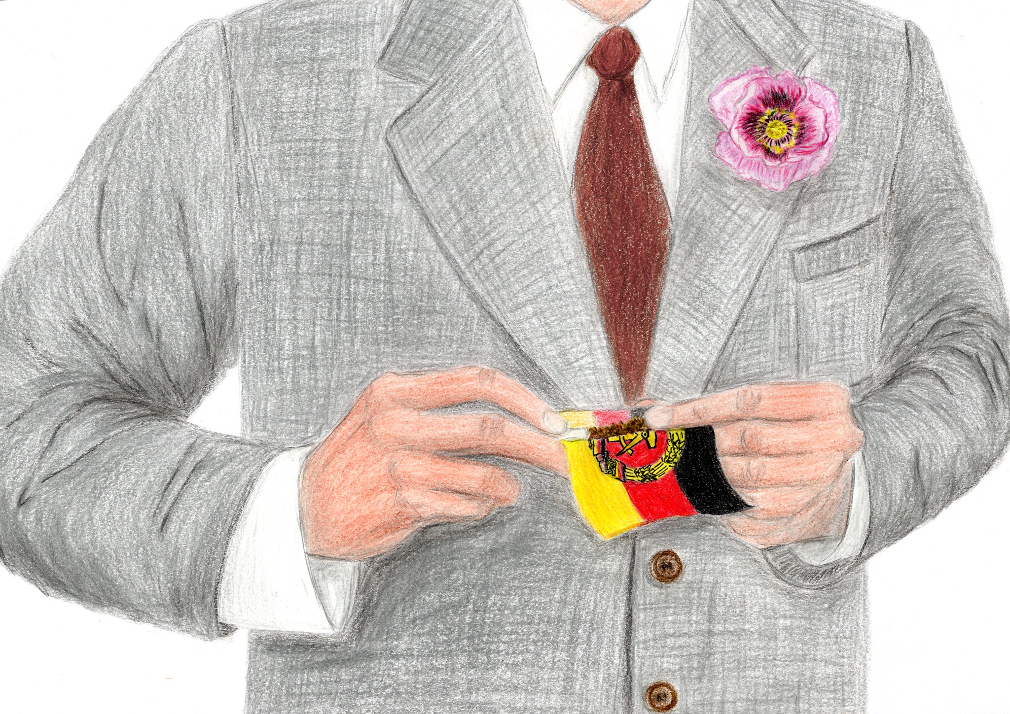Eine Zeichnung: Sie zeigt den Oberkörper eines Mannes, der sich mit beiden Händen aus einer DDR-Fahne ein Röhrchen dreht. Am Revers des grauen Anzugs steckt neben der roten Krawatte eine rot-rosa Nelke.
