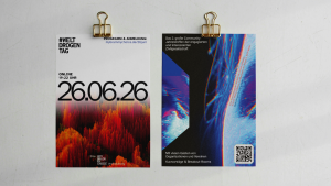 Ansicht der Flyers von vorne und hinten. Bunte Graphiken mit Ankündigungstext. 26.6.26 von 19 bis 22 Uhr online. Infos und Anmeldung hier auf dieser Seite. Das 2. große Community-Jahrestreffen der engagierten und interessierten Zivilgesellschaft. Mit vielen Gästen von Organisationen und Vereinen. Vorträge und Breakout-Rooms.