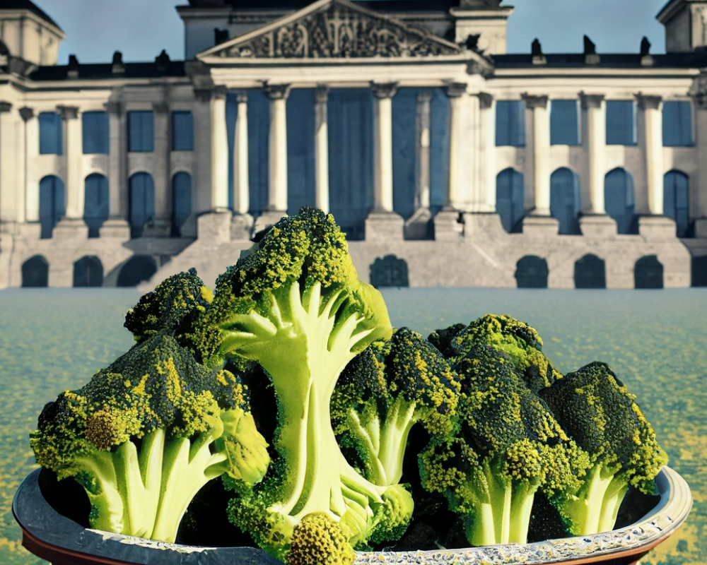 KI-generiertes Bild von einem großen Topf Brokkoli auf der Wiese vor dem Reichstagsgebäude des Parlaments