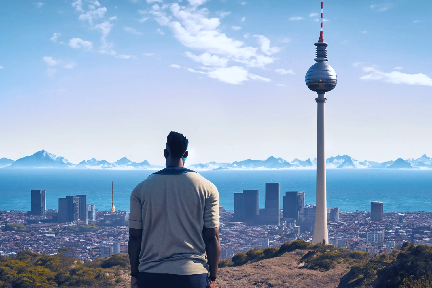AI-generiertes Bild: Ein Mensch blickt auf eine Landschatt aus Stadt, Meer und Bergen, aus denen der Berliner Fernsehturm ragt.