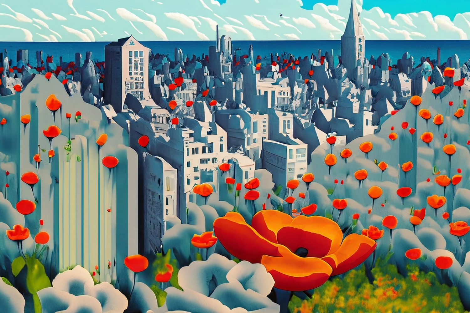 AI-generiertes Gemälde: Vogelperspektive auf eine Stadt, in der überall schöne rote Mohnblumen wachsen