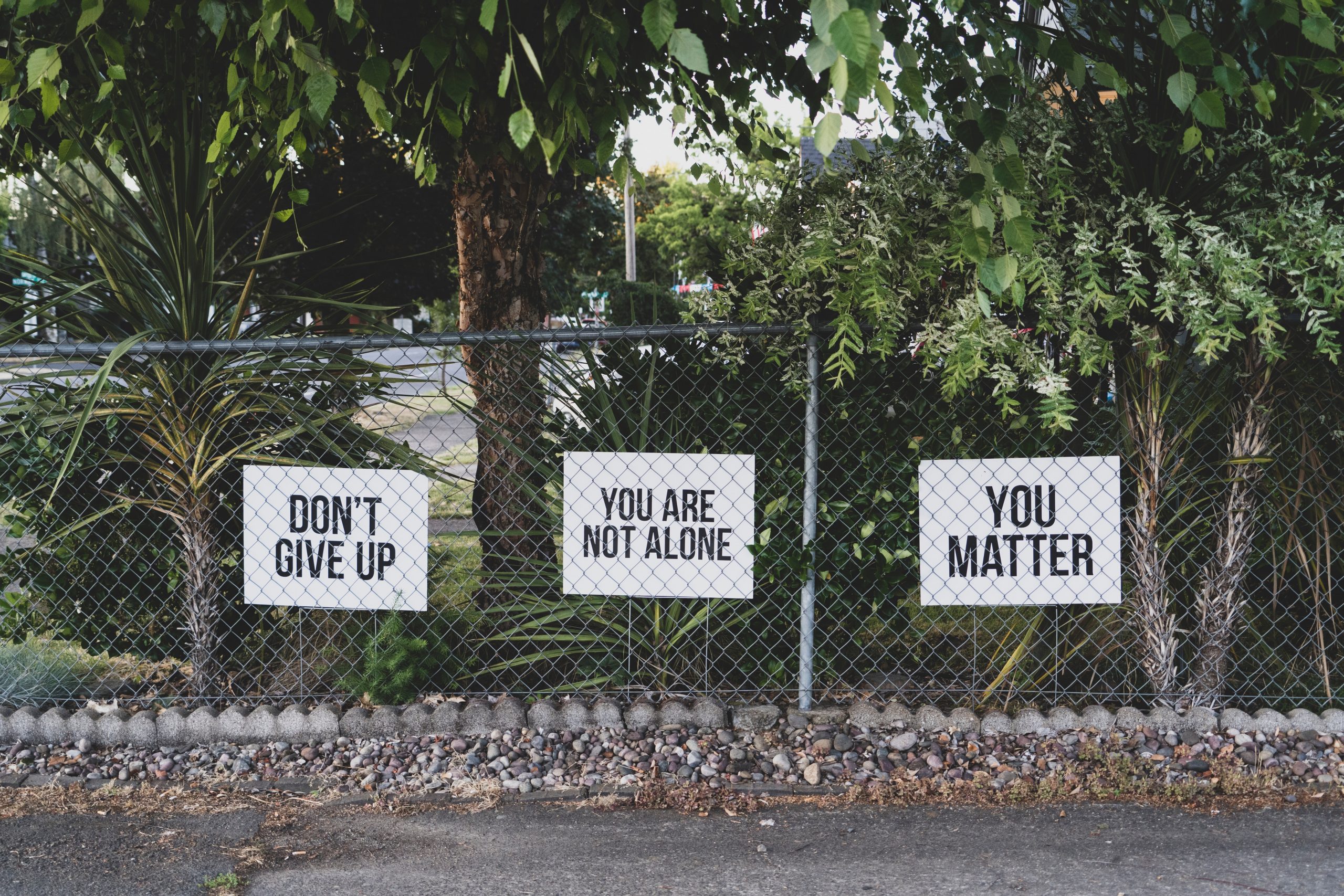 Drei Schilder hängen hängen entlang eines Fußwegs an einem Zaun zu einem Park. 1, Don't give up. 2, You are not alone. 3, You matter. Deutsch im Untertitel.